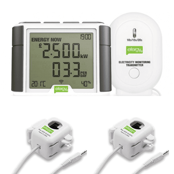 Efergy elite classic wireless energy usage monitoring system by rack-a-tiers. Includes display, transmitter, and 2 sensors.