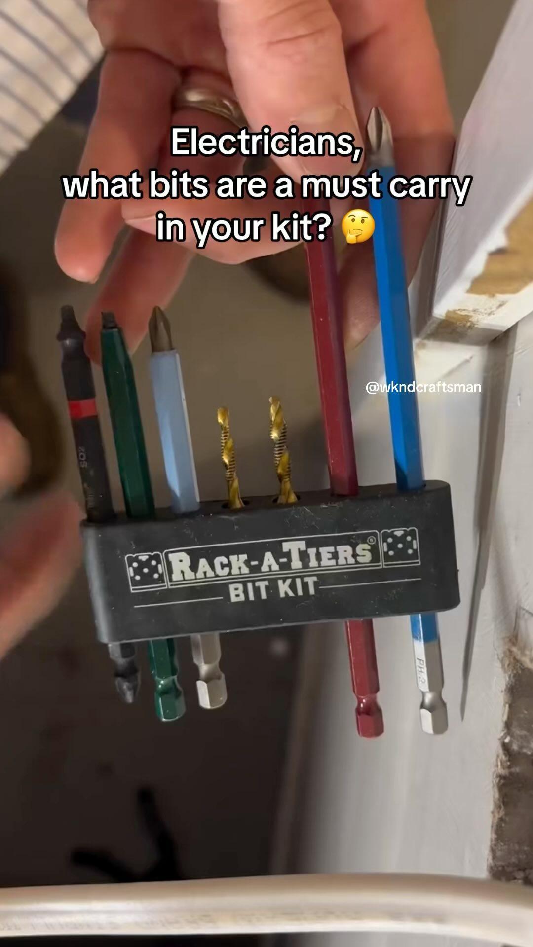 The Rack-A-Tiers Bit Kits have you covered for rough ins and finishing. Which bit do you use the most? Thanks @wkndcraftsman wkndcraftsman for the video! #rackybits #rackatiers #rackatierstools #sparky #electricians #tradie #bluecollarlife #electriciantools #bluecollar #electricianlife #hardhat #commercialelectrician #resi #residentialelectrician