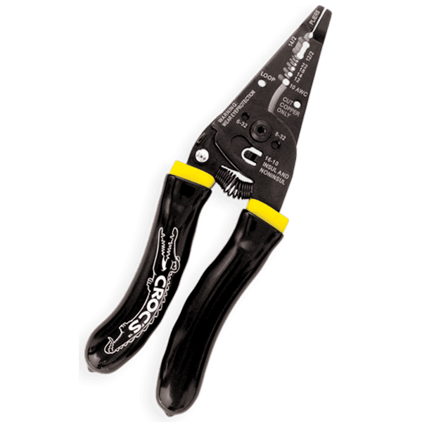 Croc’s Needle Nose Wire Strippers by Rack-A-Tiers. Blade pliers with black and yellow ergonomic handles.