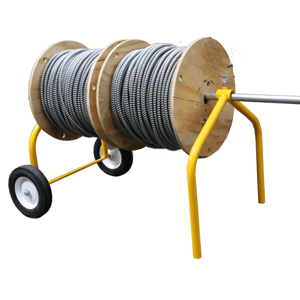 The Big E-Z wire spool rack dispensing two spools of metallic cable. The Big E-Z is made of yellow metal and has 2 wheels and 2 front legs.